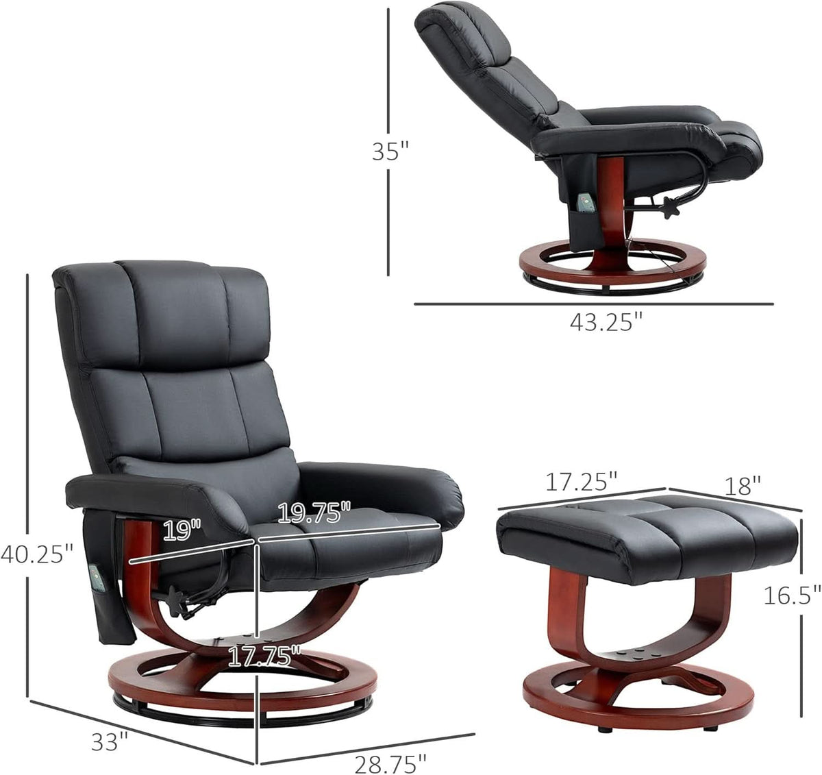 Massage Swivel Recliner Chair Black With Ottoman And Remote