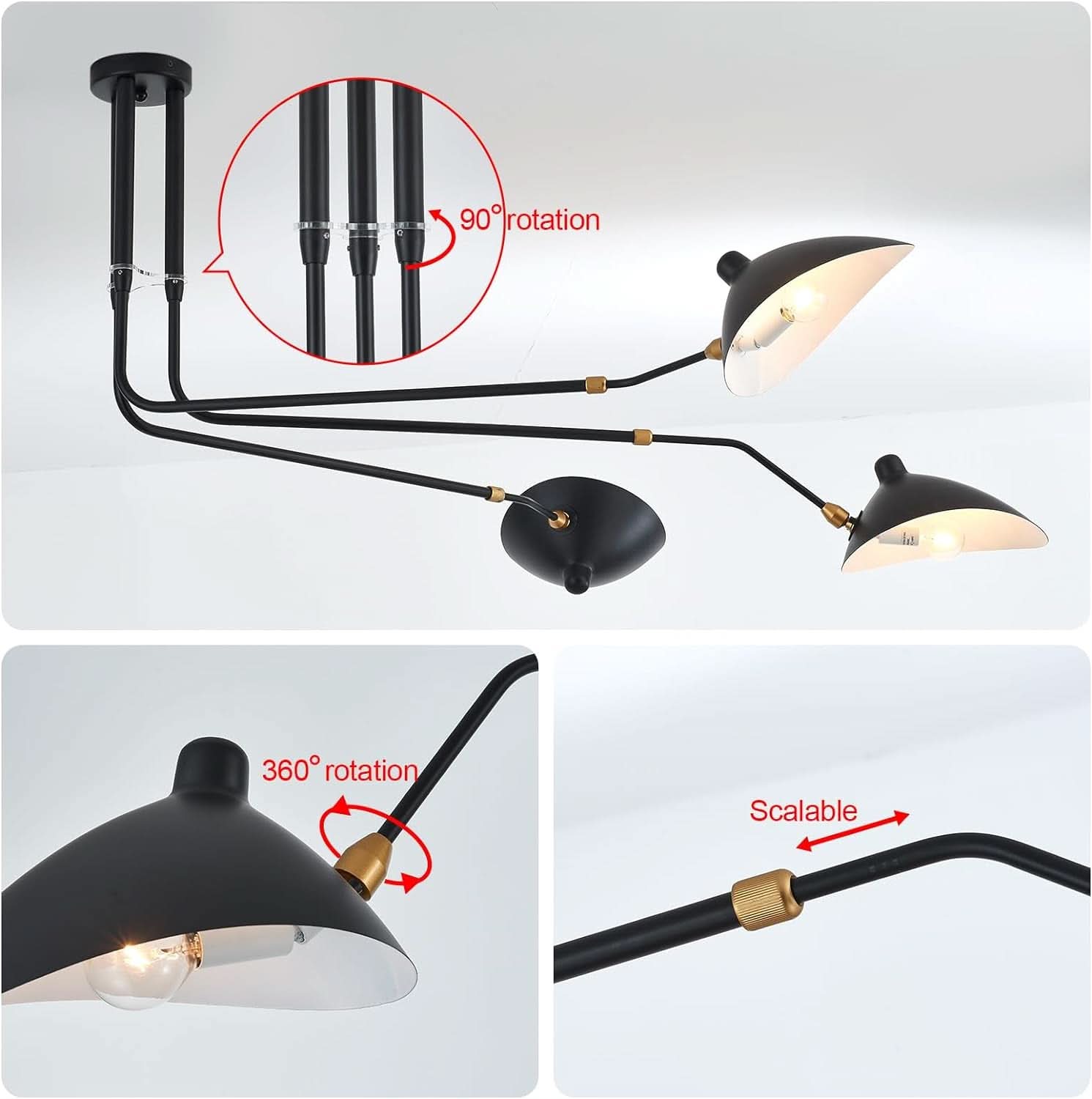 Matt Black Three Arm Adjustable Pendant Light Chandelier