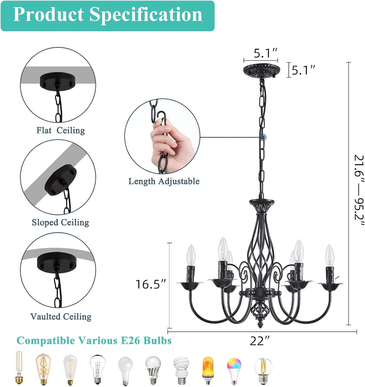 Matte Black 6 Light Farmhouse Industrial Chandelier