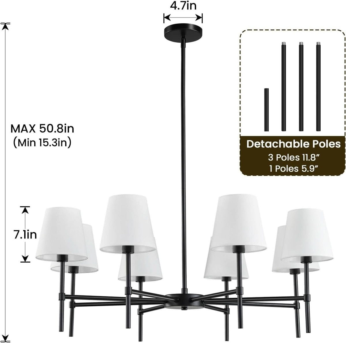 Matte Black 8 Light Farmhouse Chandelier For Dining Room