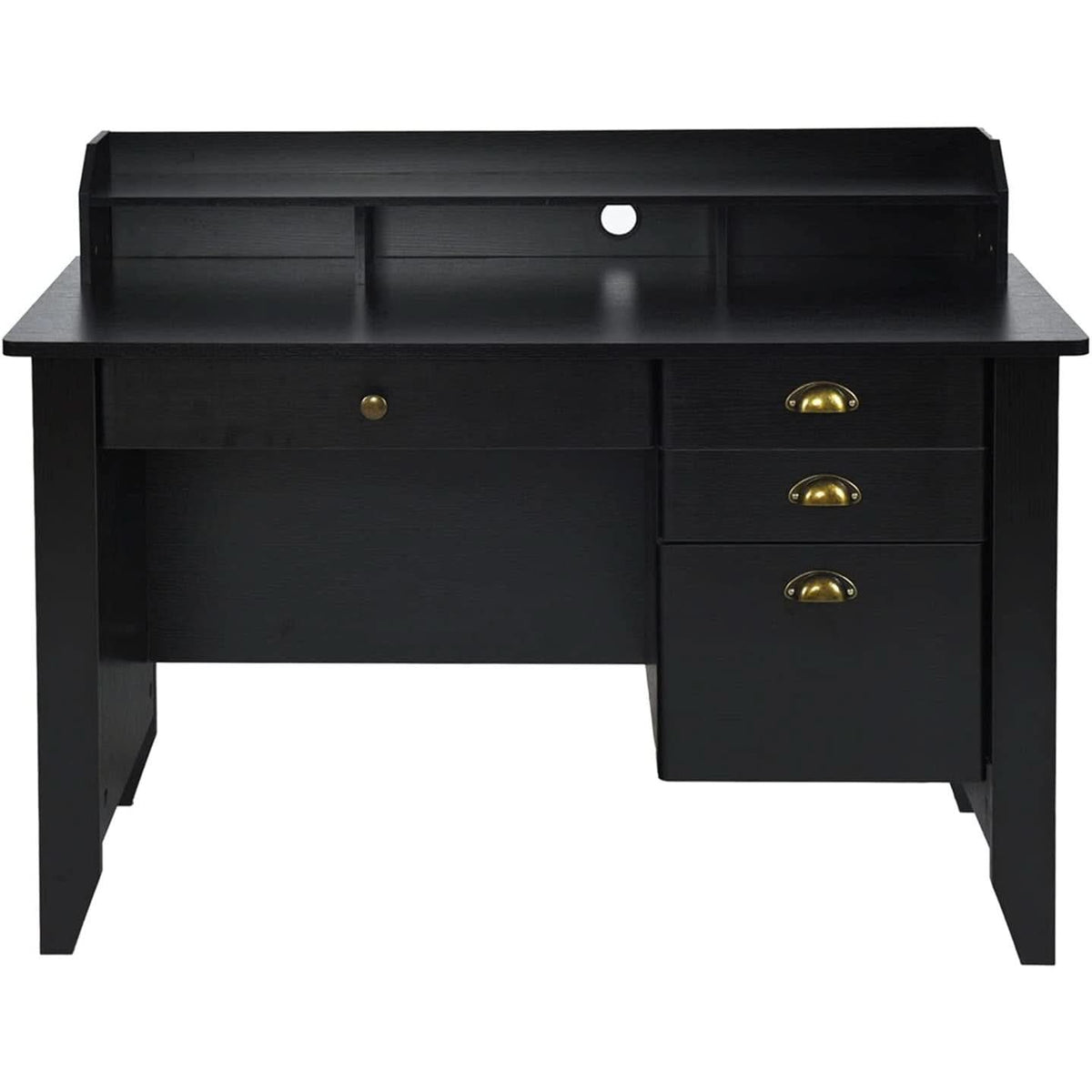 Matte Black Desk With Drawers And Hutch For Home Office