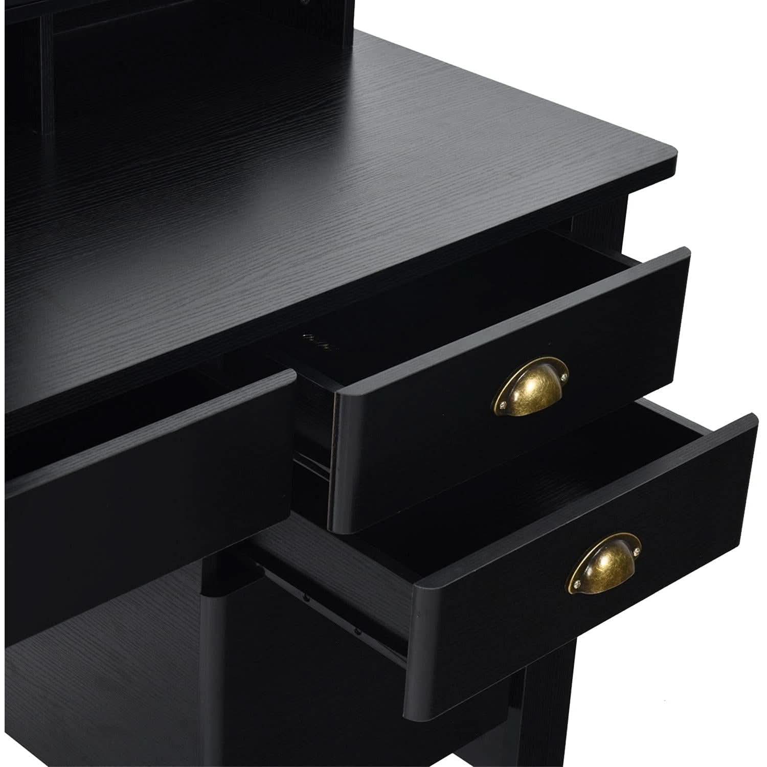 Matte Black Desk With Drawers And Hutch For Home Office