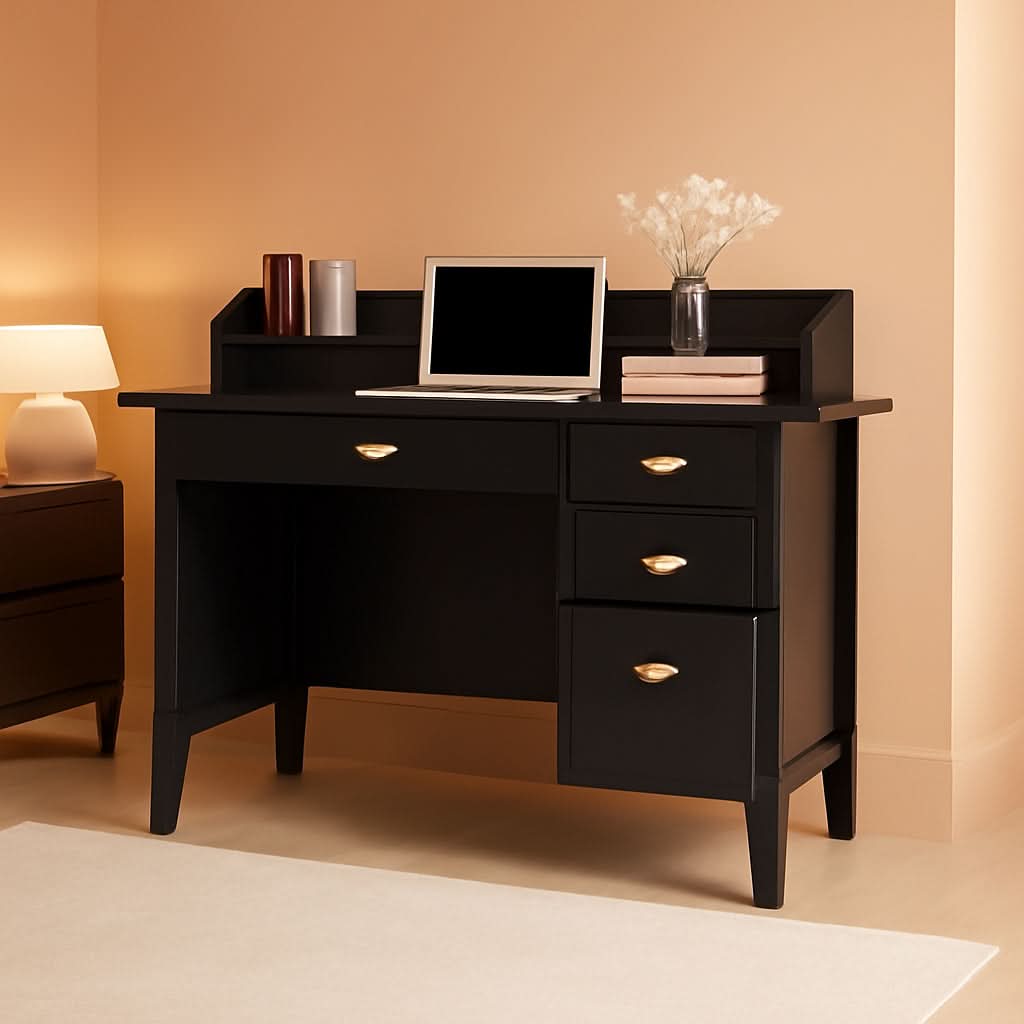 Matte Black Desk With Drawers And Hutch For Home Office