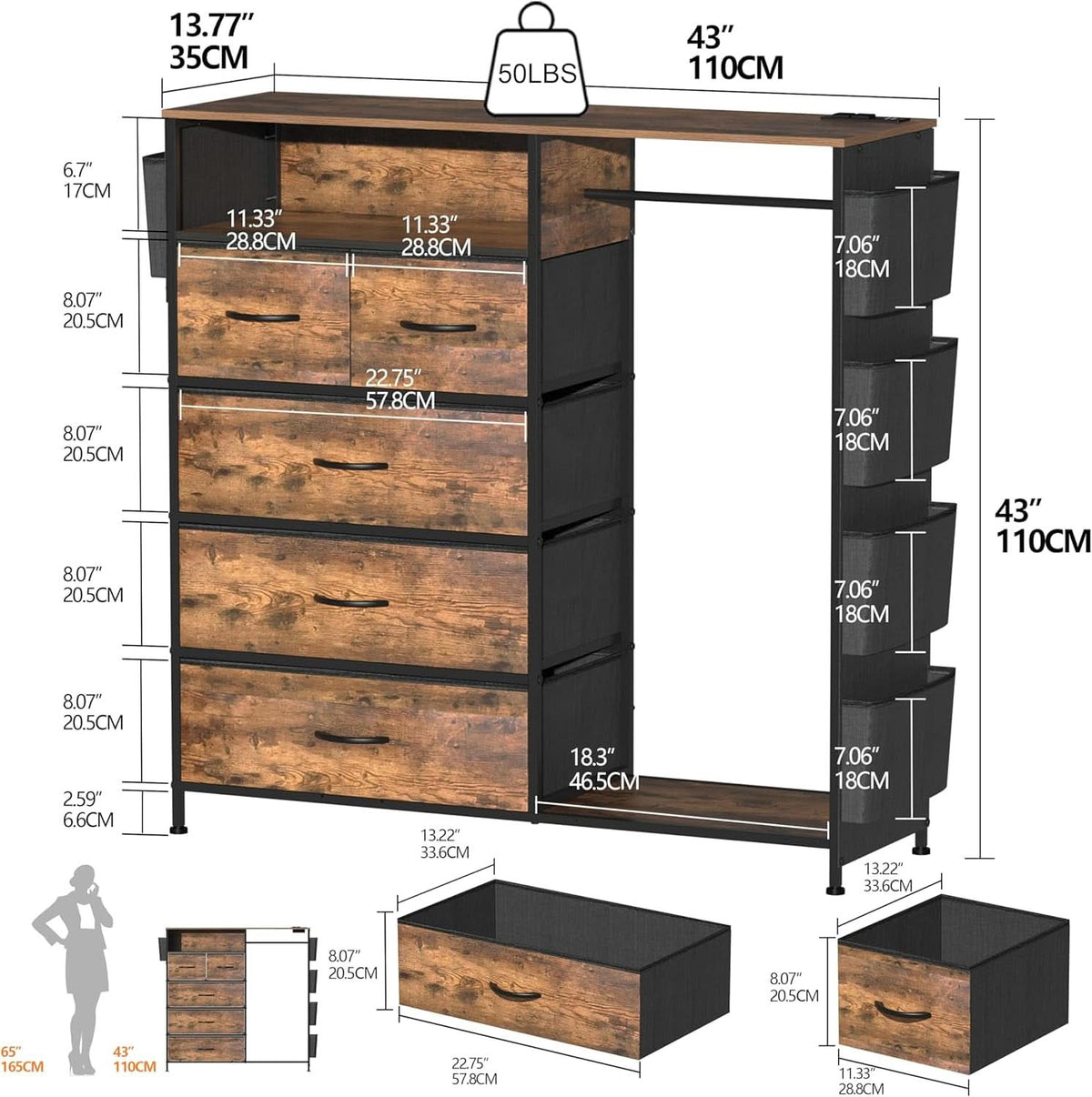 Matte Black Dresser With LED Charging Station For Bedroom
