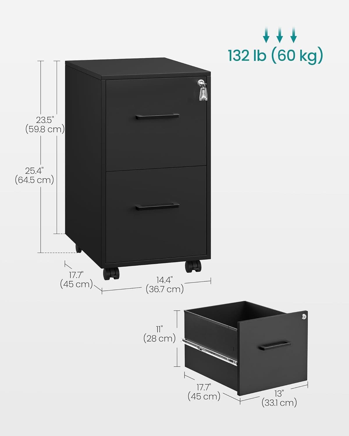 Matte Black Locking File Cabinet 17.7 X 14.4 X 25.4 Inches
