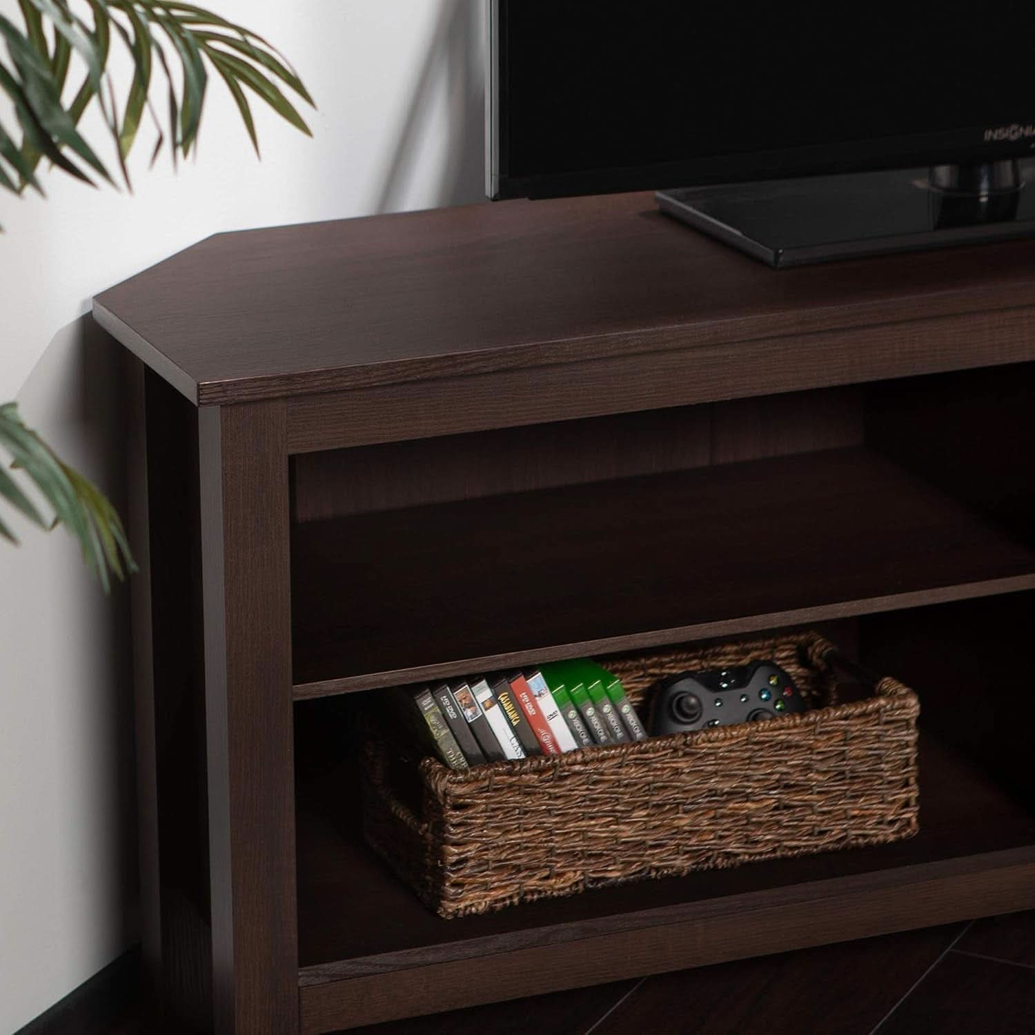 Maxwell Classic 2 Shelf Corner TV Stand For 65 Inch TVs Espresso