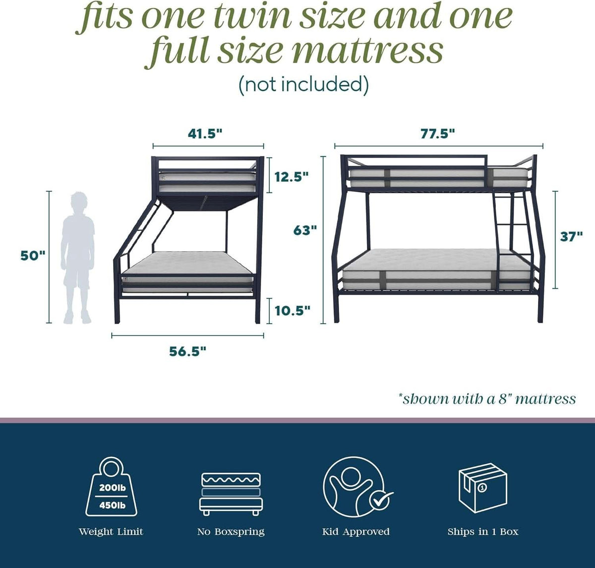 Maxwell Twin-Over-Full Metal Bunk Bed Navy Blue With Ladder