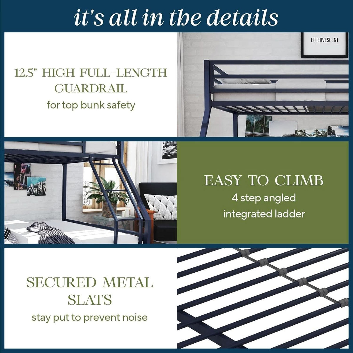 Maxwell Twin-Over-Full Metal Bunk Bed Navy Blue With Ladder