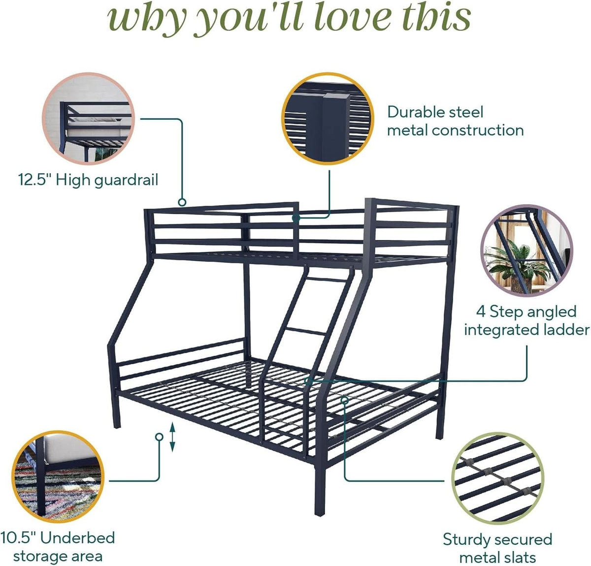 Maxwell Twin-Over-Full Metal Bunk Bed Navy Blue With Ladder