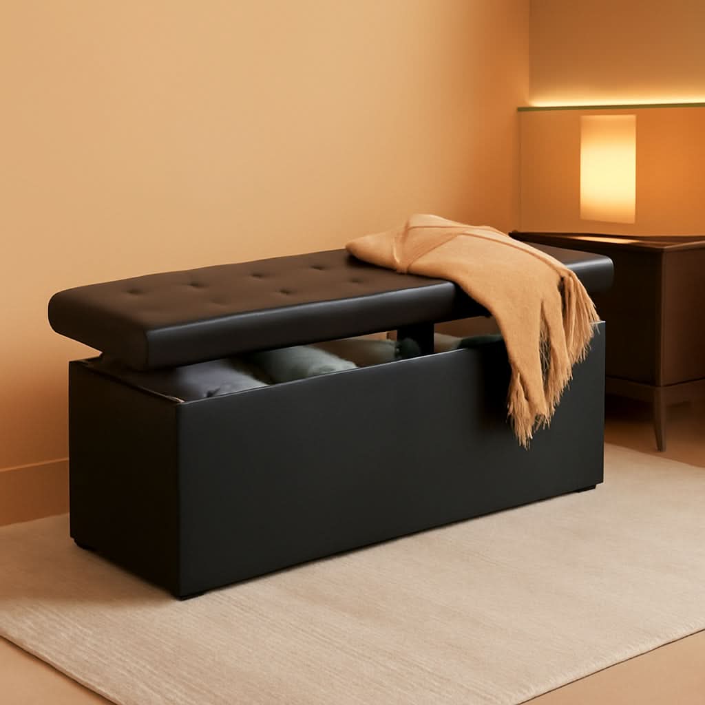 Memory Foam Folding Chest Ottoman Bench 45 Inch Black Faux Leather Sto