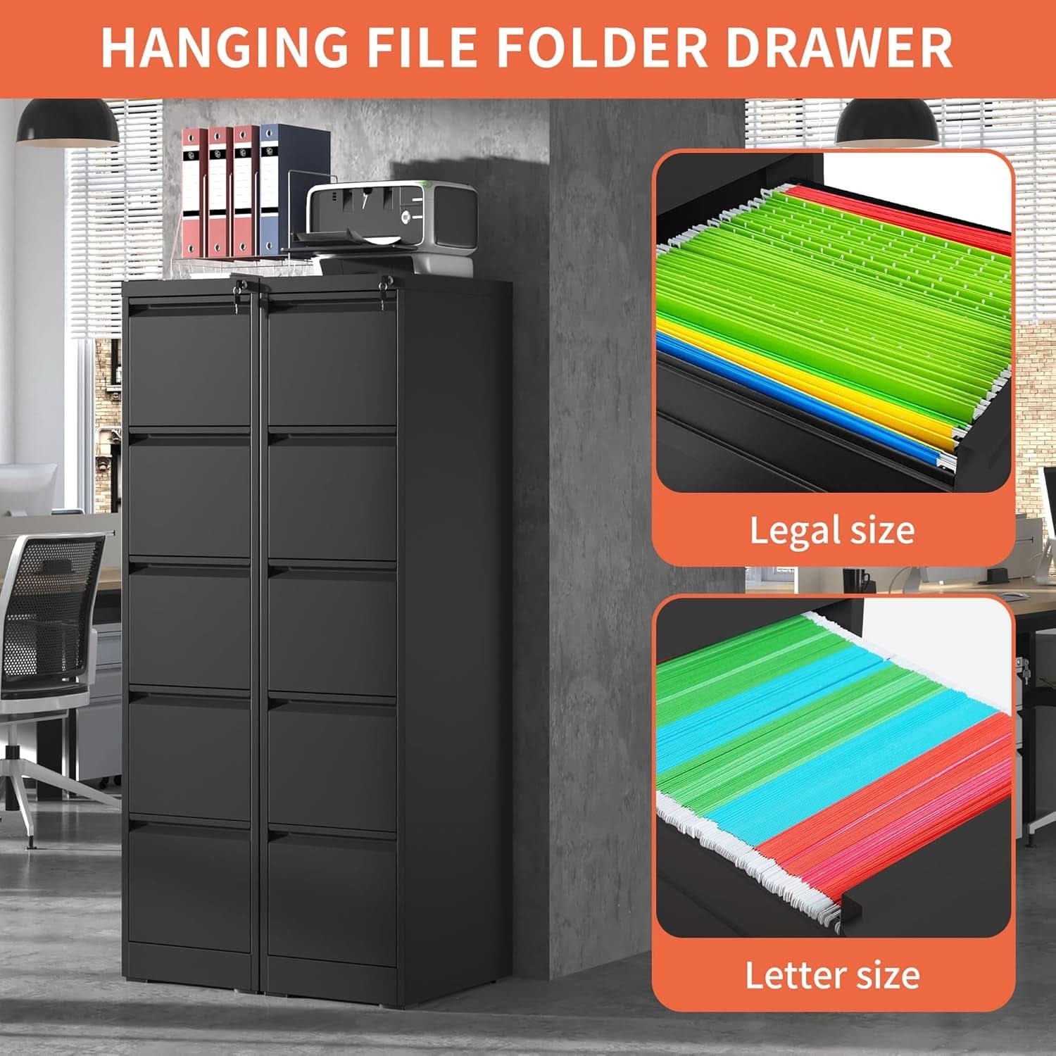 Metal 5 Drawer Vertical File Cabinet With Lock For A4 Letter Legal
