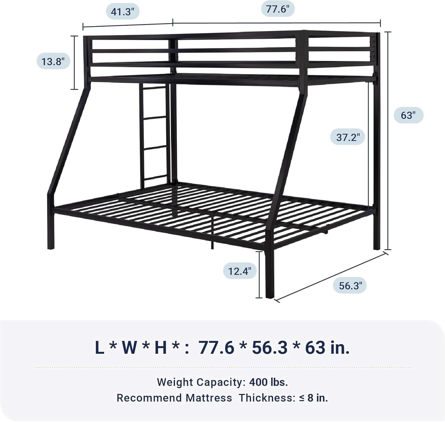 Metal Bunk Bed Twin Over Full Size With Guardrails