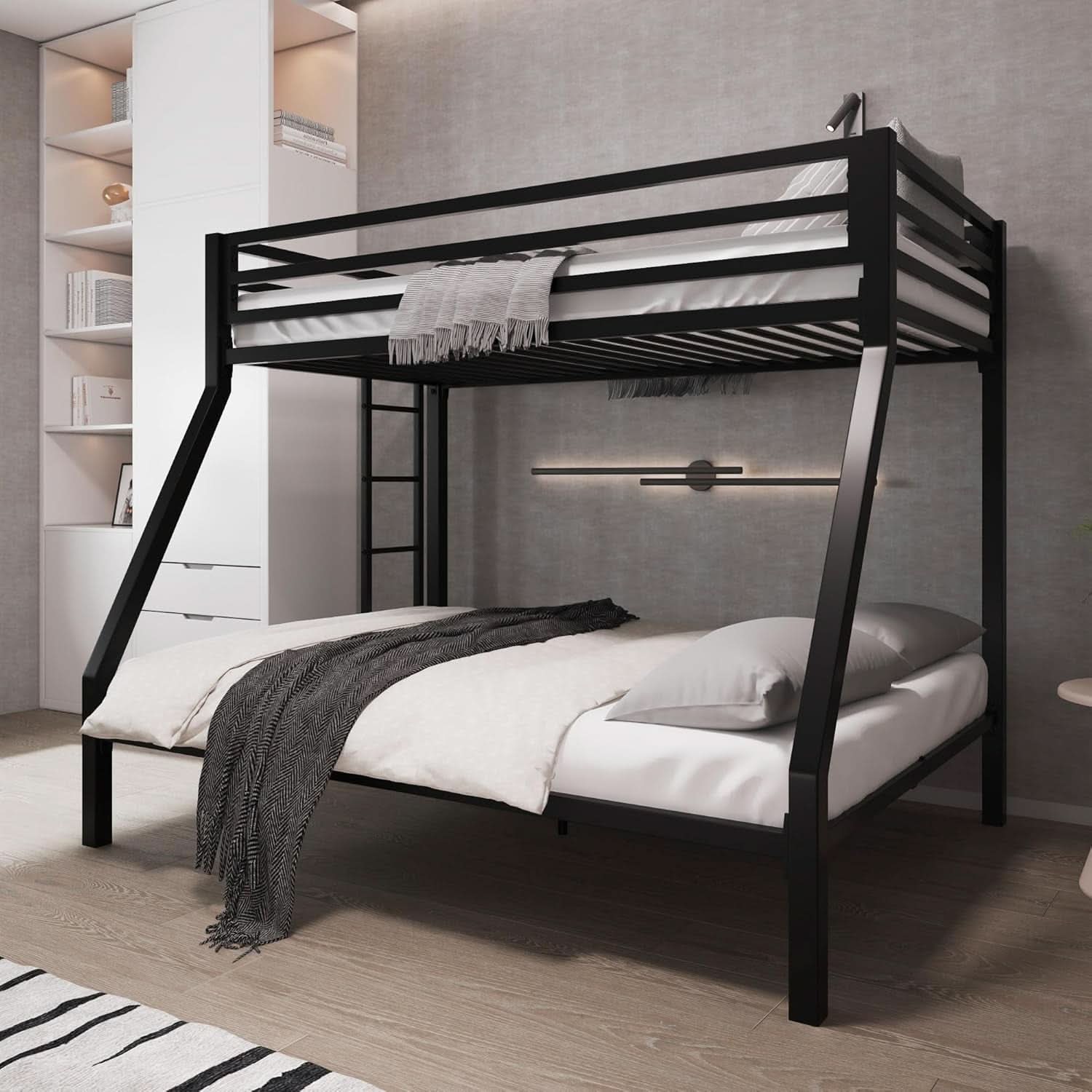 Metal Bunk Bed Twin Over Full Size With Guardrails