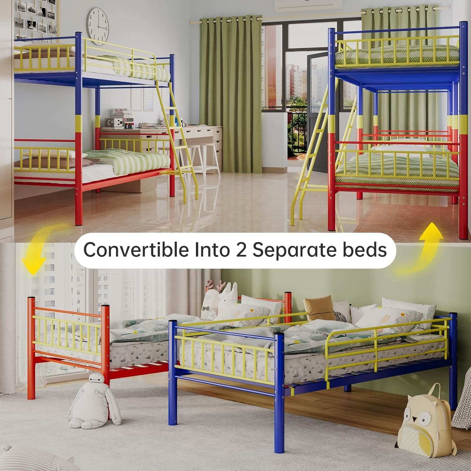 Metal Bunk Bed Twin Over Twin Convertible Guardrails