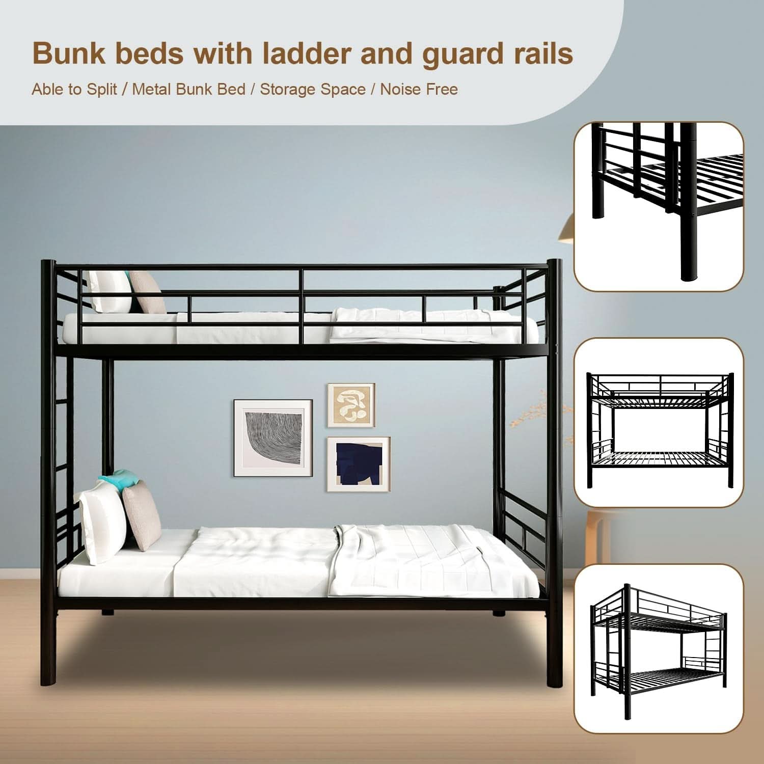 Metal Bunk Bed Twin Over Twin Heavy Duty With Ladders Black