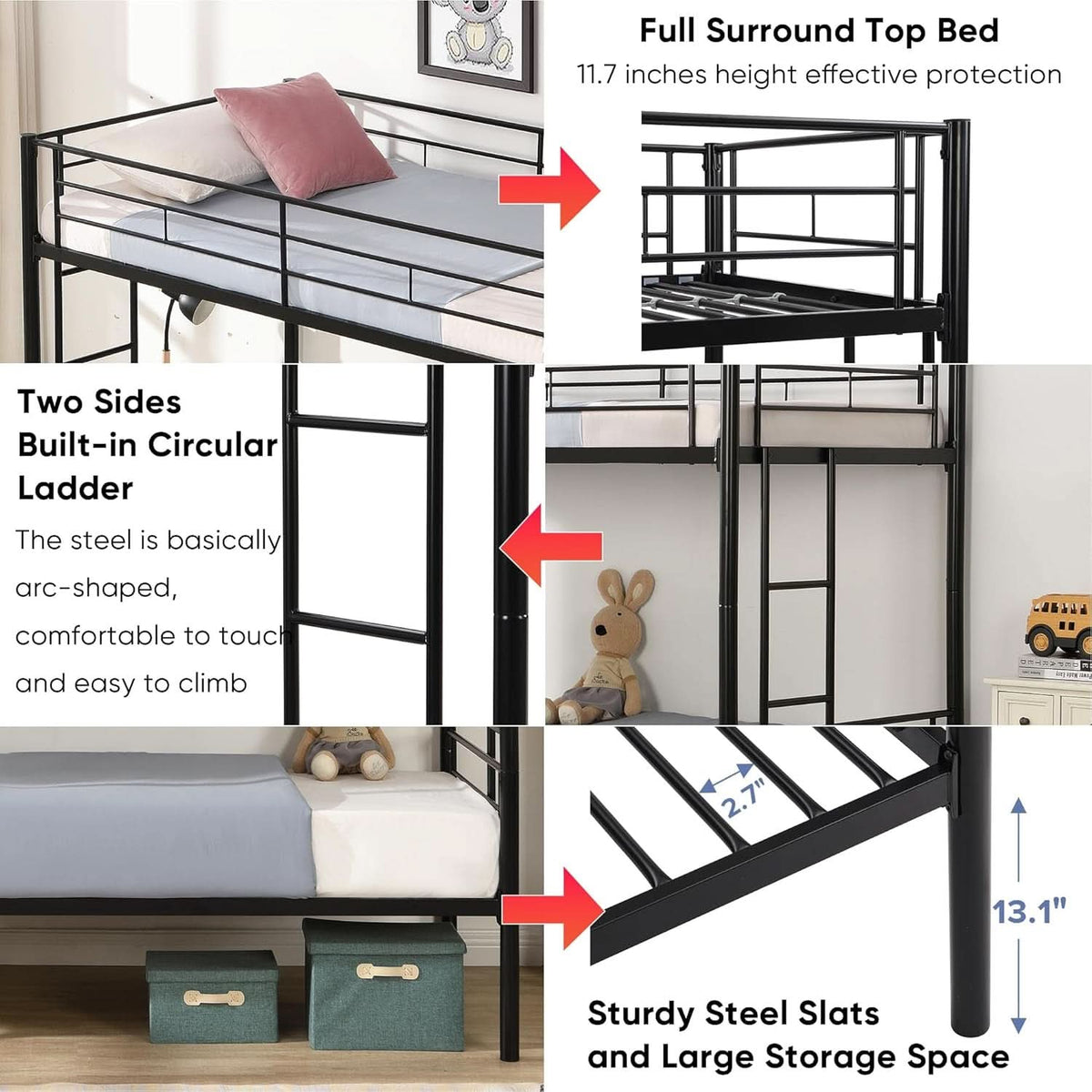 Metal Bunk Bed Twin Over Twin Heavy Duty With Ladders Black