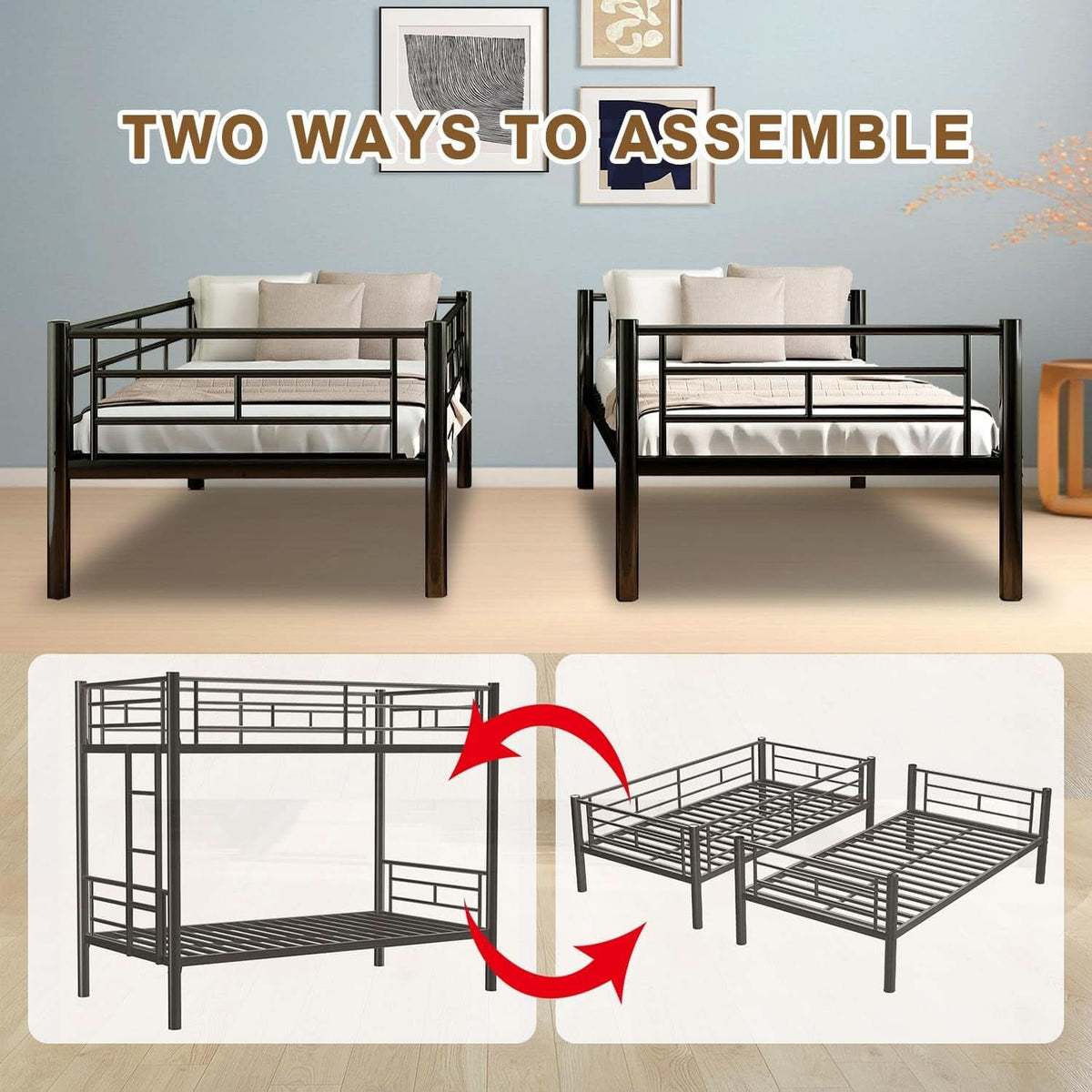 Metal Bunk Bed Twin Over Twin Heavy Duty With Ladders Black