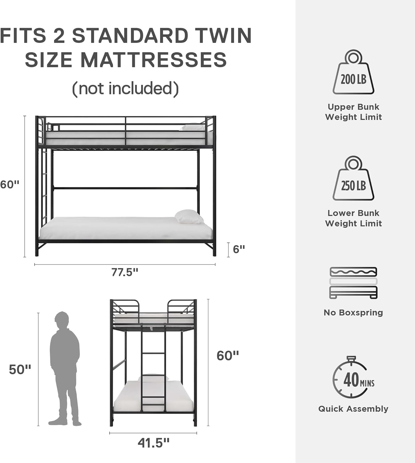 Metal Bunk Bed Twin Over Twin With Ladder And Easy Assembly