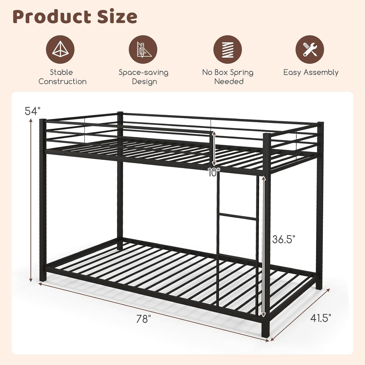 Metal Bunk Bed Twin Over Twin With Safety Guard Rails