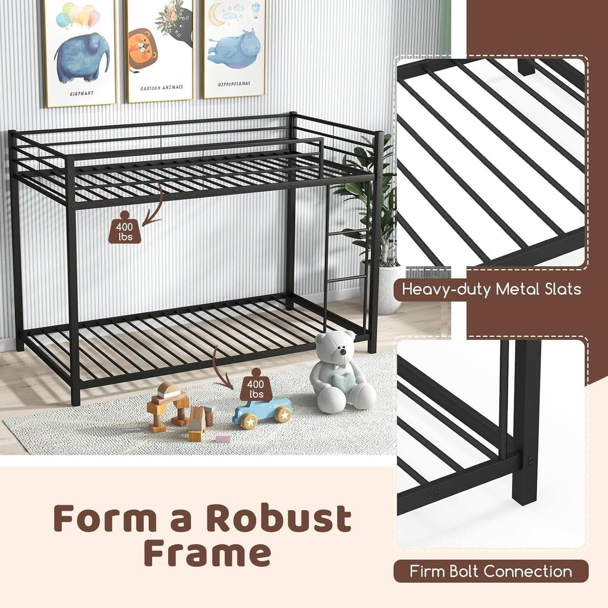 Metal Bunk Bed Twin Over Twin With Safety Guard Rails