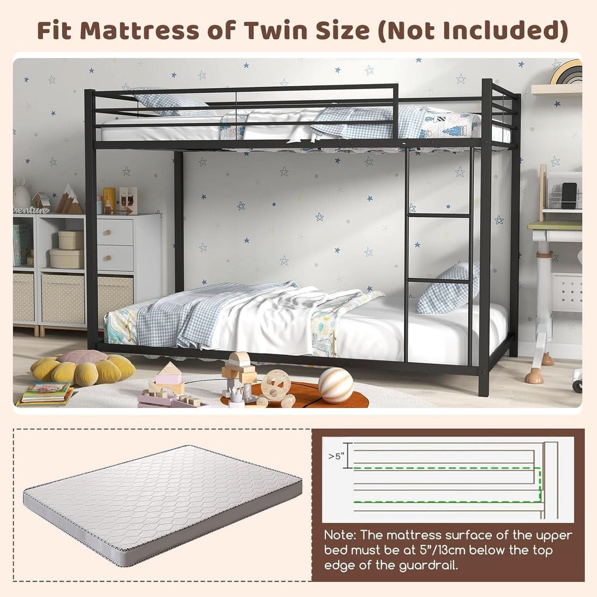 Metal Bunk Bed Twin Over Twin With Safety Guard Rails