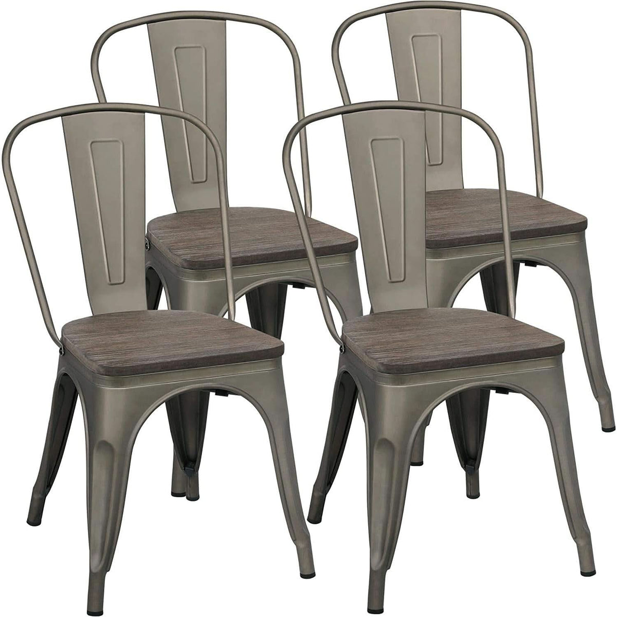 Metal Dining Chairs Set Of 4 Gun Metal With Wooden Seats
