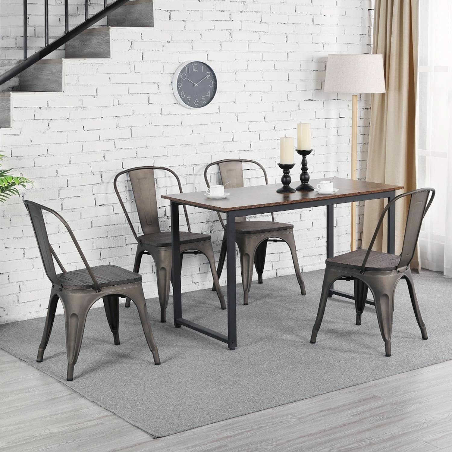 Metal Dining Chairs Set Of 4 Gun Metal With Wooden Seats