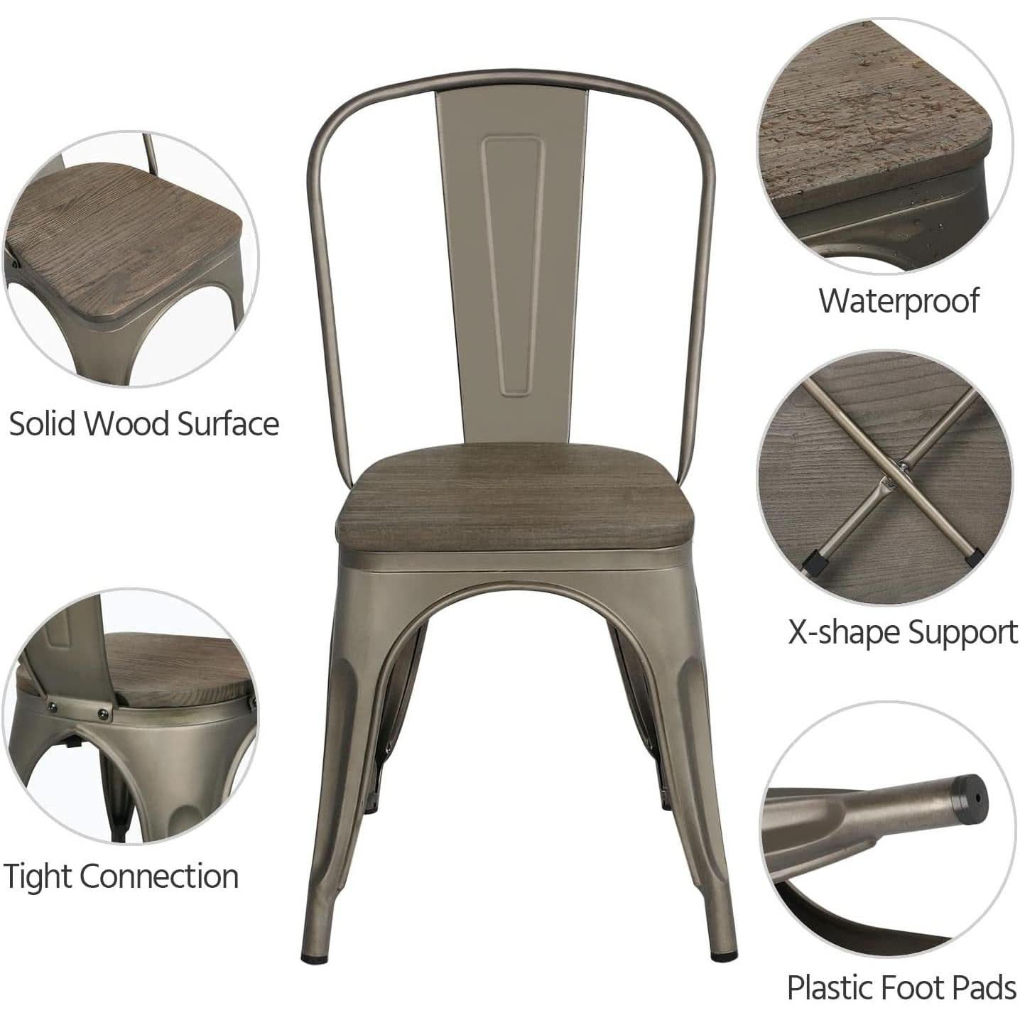 Metal Dining Chairs Set Of 4 Gun Metal With Wooden Seats