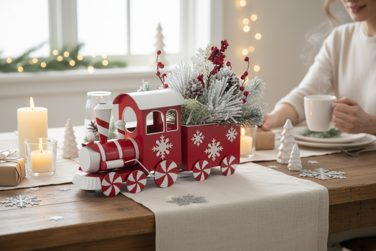 Metal Holiday Floral Train - 22 Inch