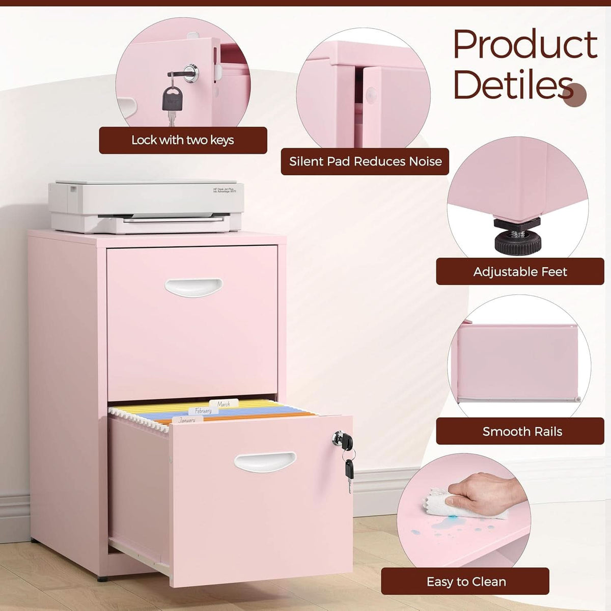 Metal Pink 2 Drawer Locking File Cabinet For Hanging Files Letter A4 Documents Compact