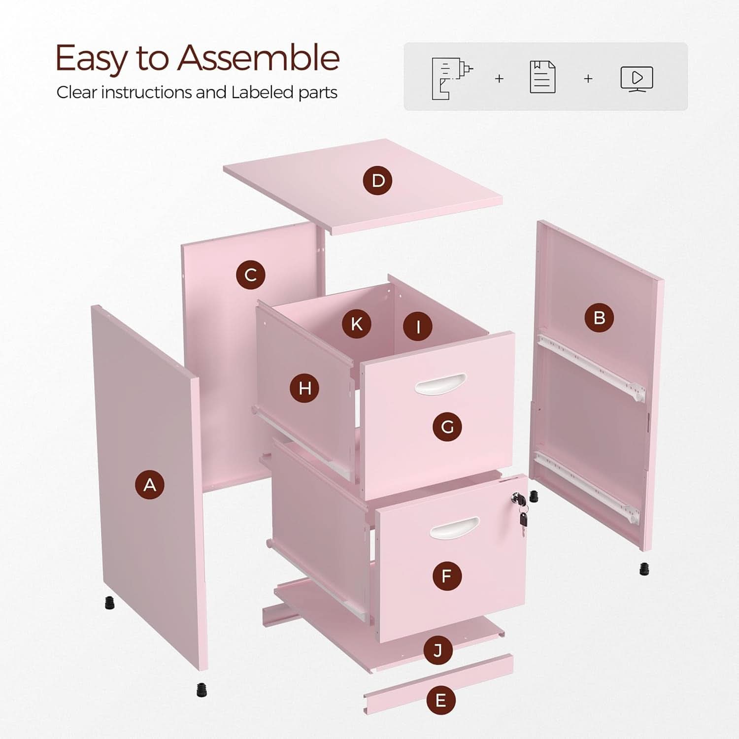 Metal Pink 2 Drawer Locking File Cabinet For Hanging Files Letter A4 Documents Compact