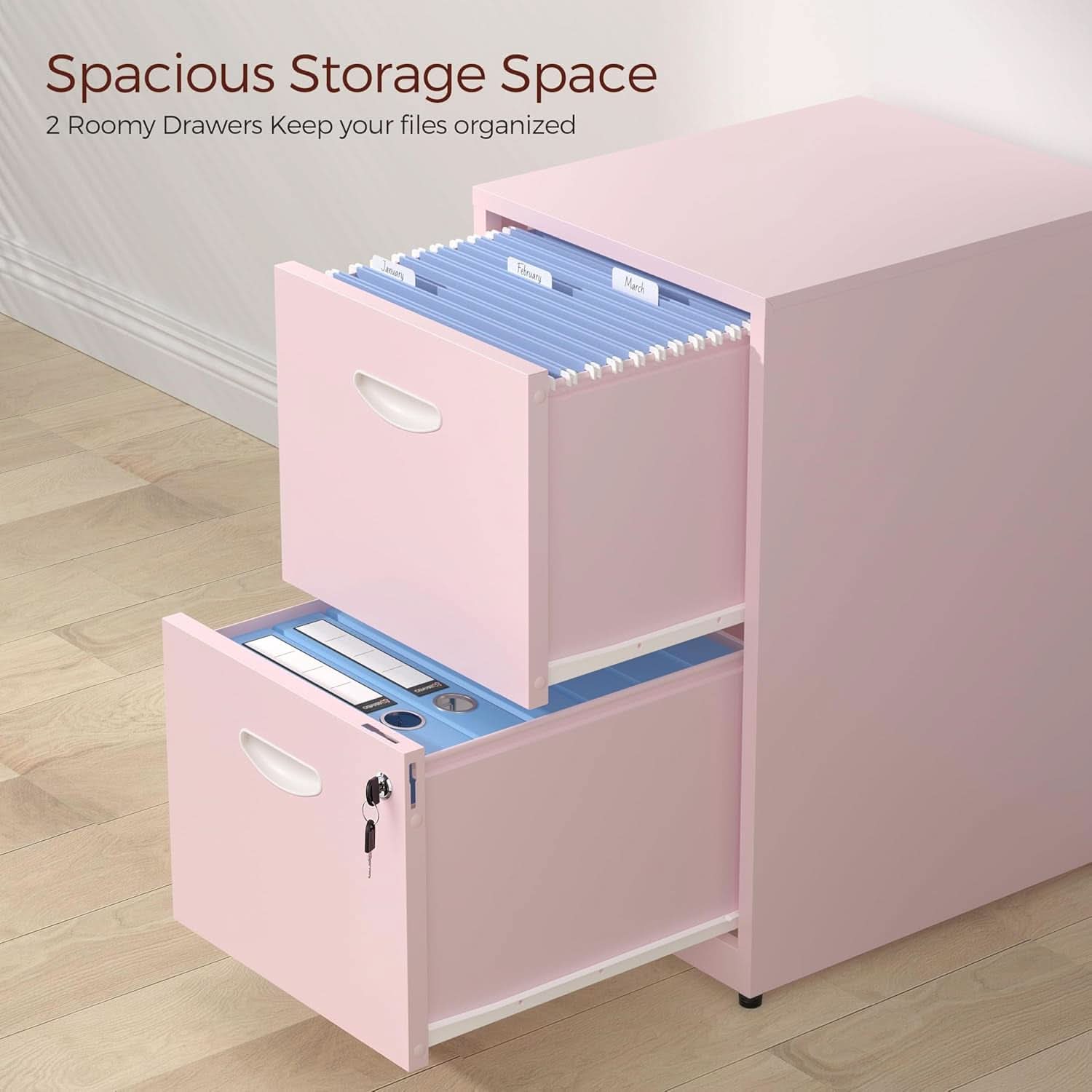 Metal Pink 2 Drawer Locking File Cabinet For Hanging Files Letter A4 Documents Compact