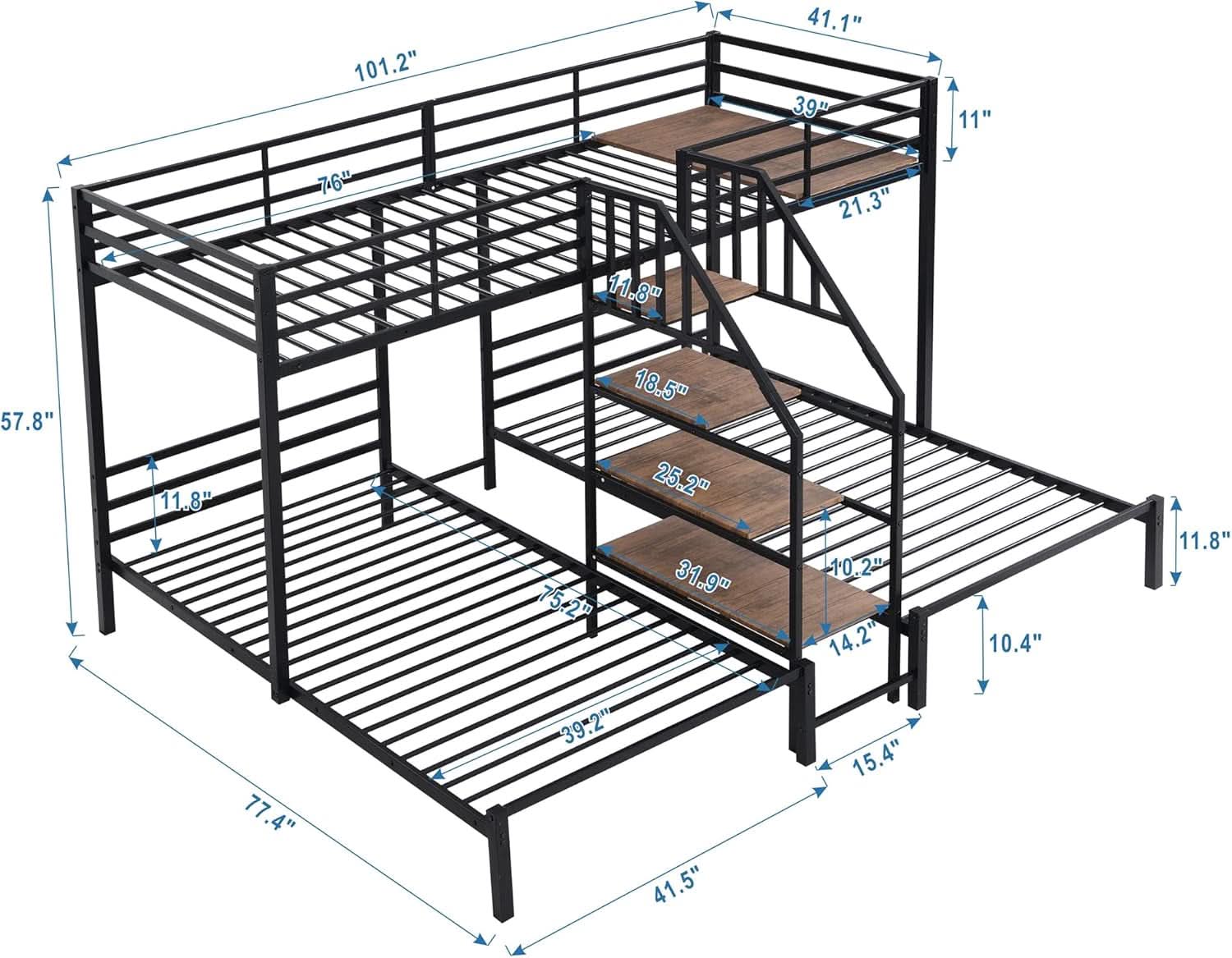 Metal Triple Bunk Bed With Stairs Black Three Beds