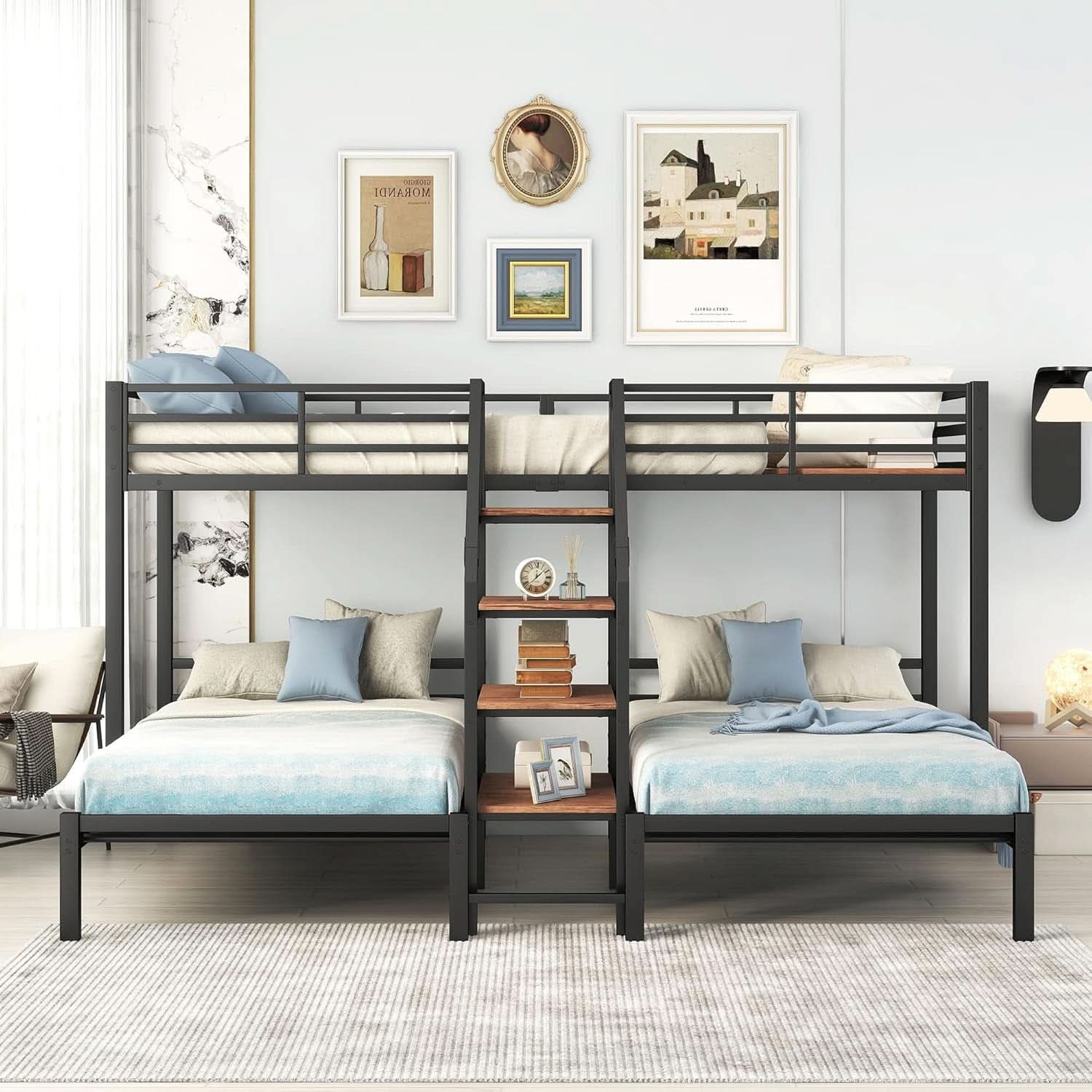 Metal Triple Bunk Bed With Stairs Black Three Beds