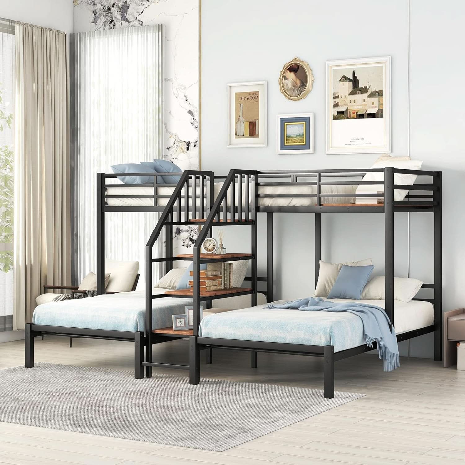 Metal Triple Bunk Bed With Stairs Black Three Beds