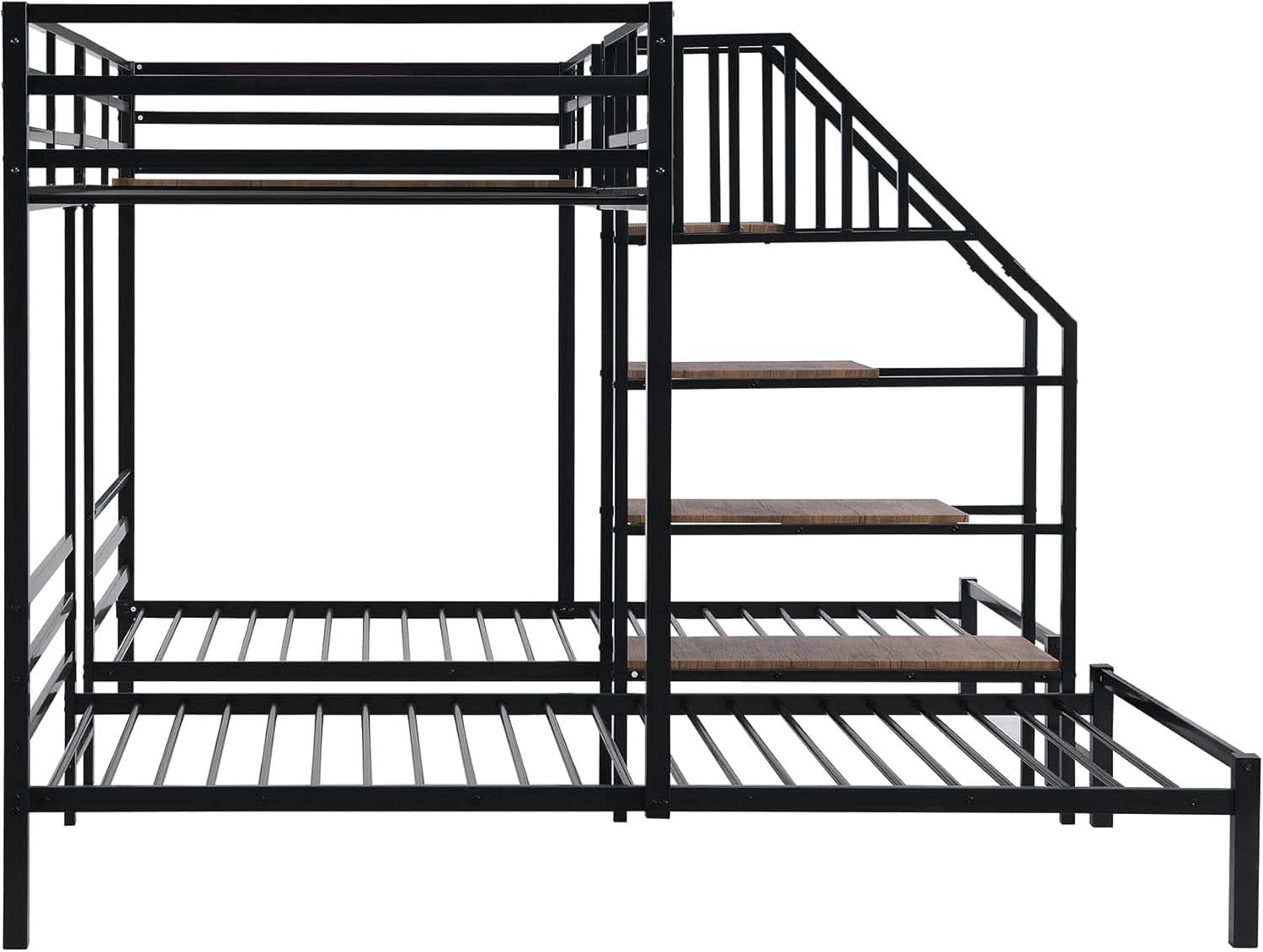 Metal Triple Bunk Bed With Stairs Black Three Beds