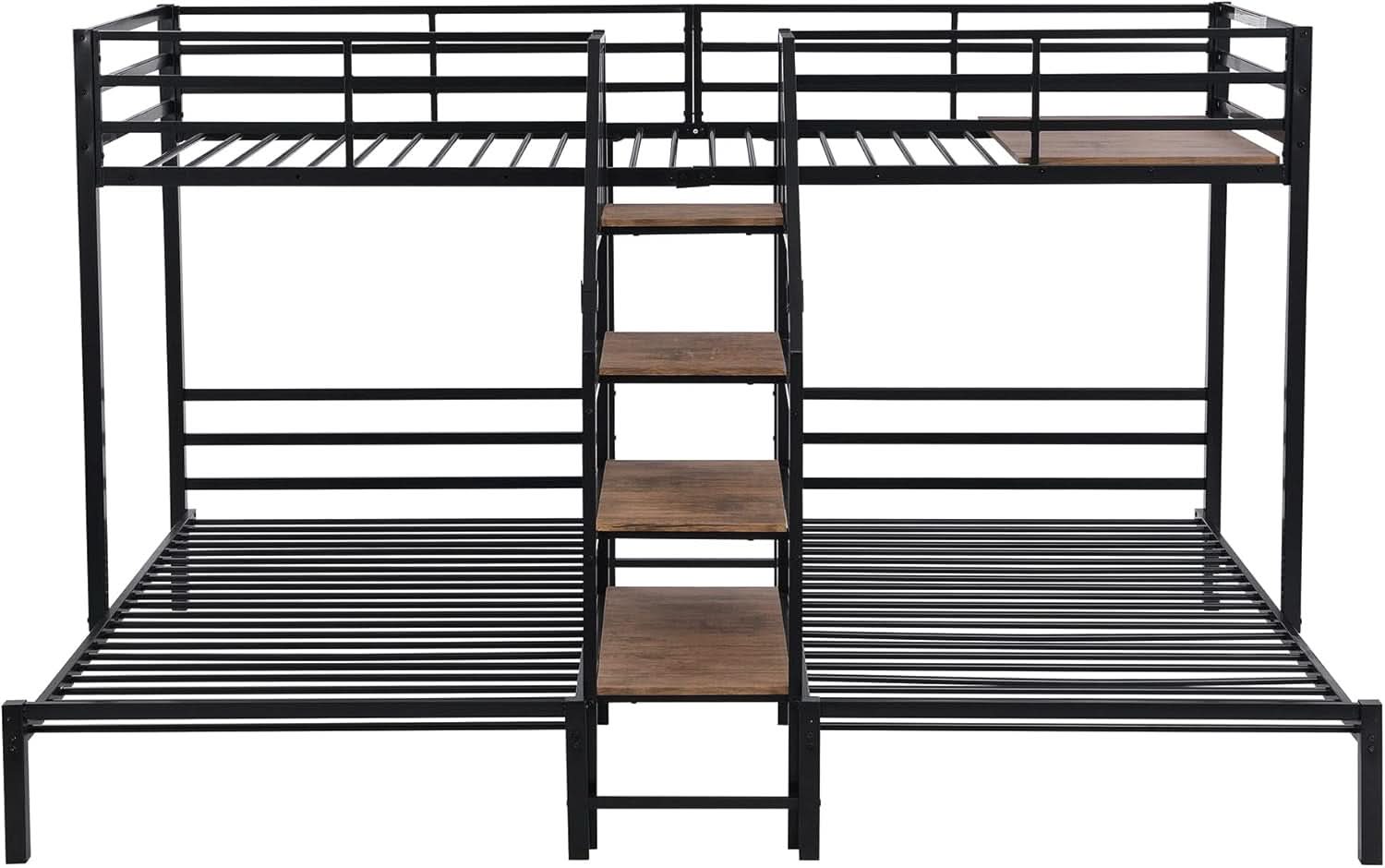 Metal Triple Bunk Bed With Stairs Black Three Beds