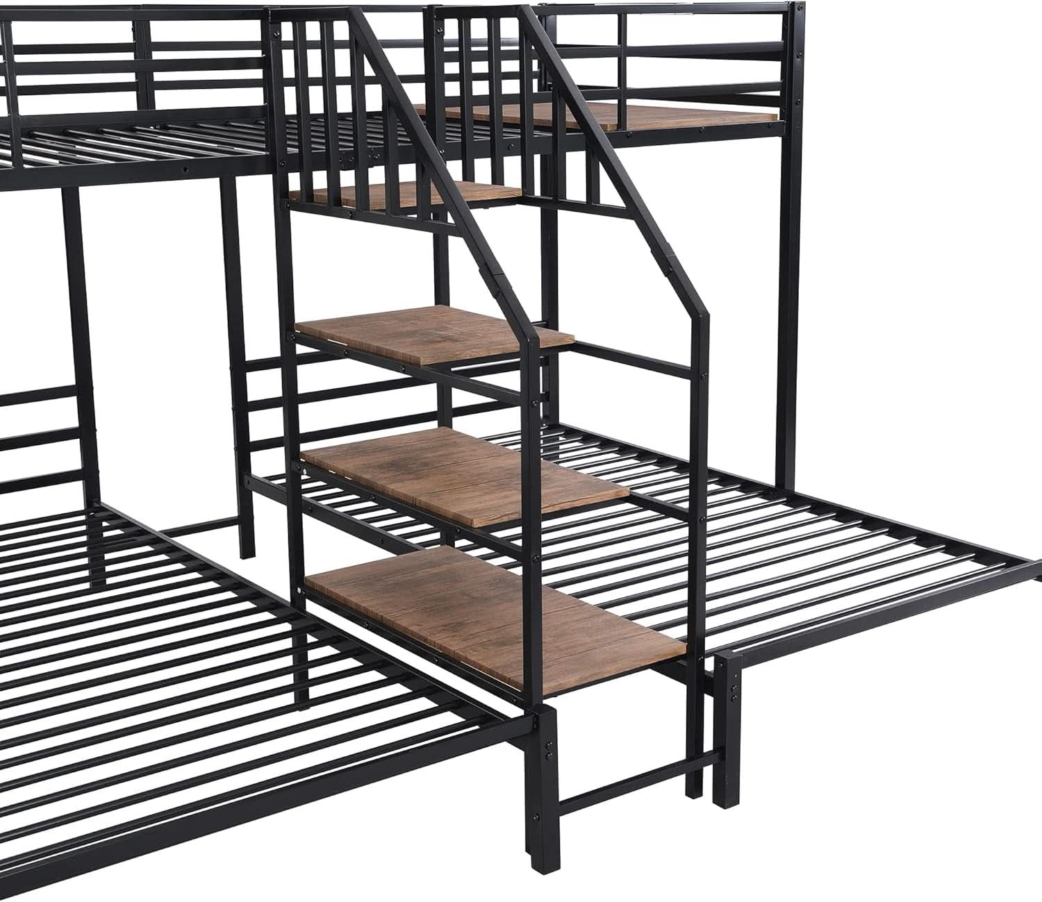 Metal Triple Bunk Bed With Stairs Black Three Beds