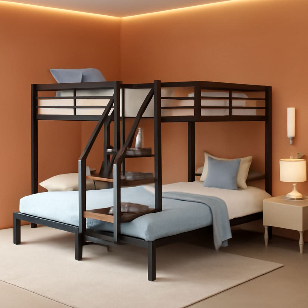 Metal Triple Bunk Bed With Stairs Black Three Beds