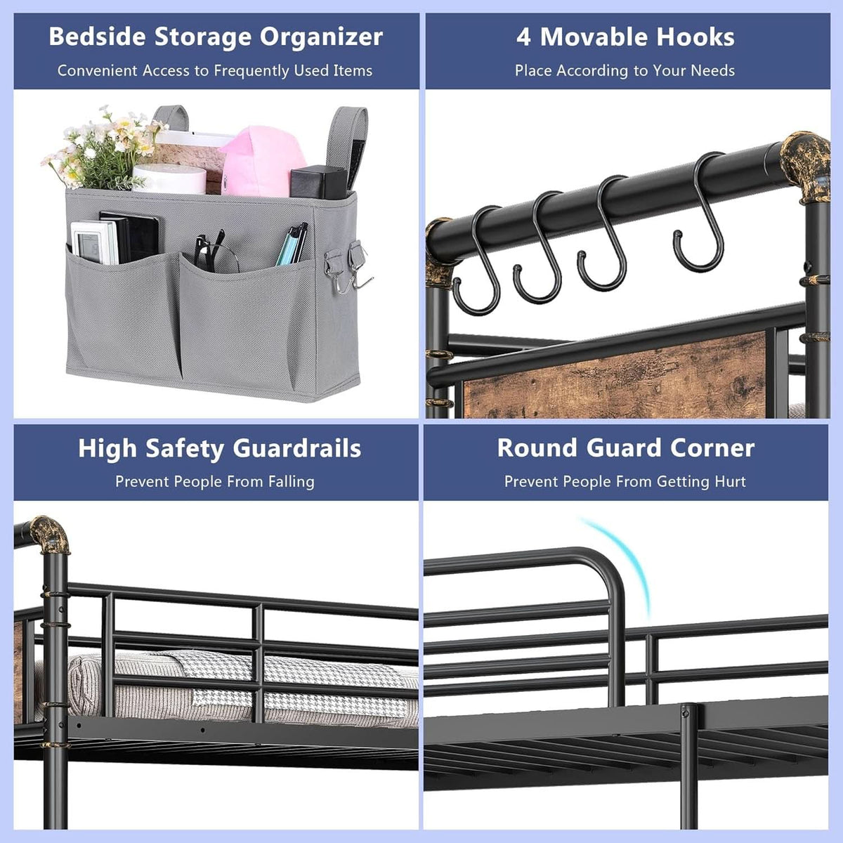 Metal Twin Over Twin Bunk Bed Vintage Brown Safety Rails