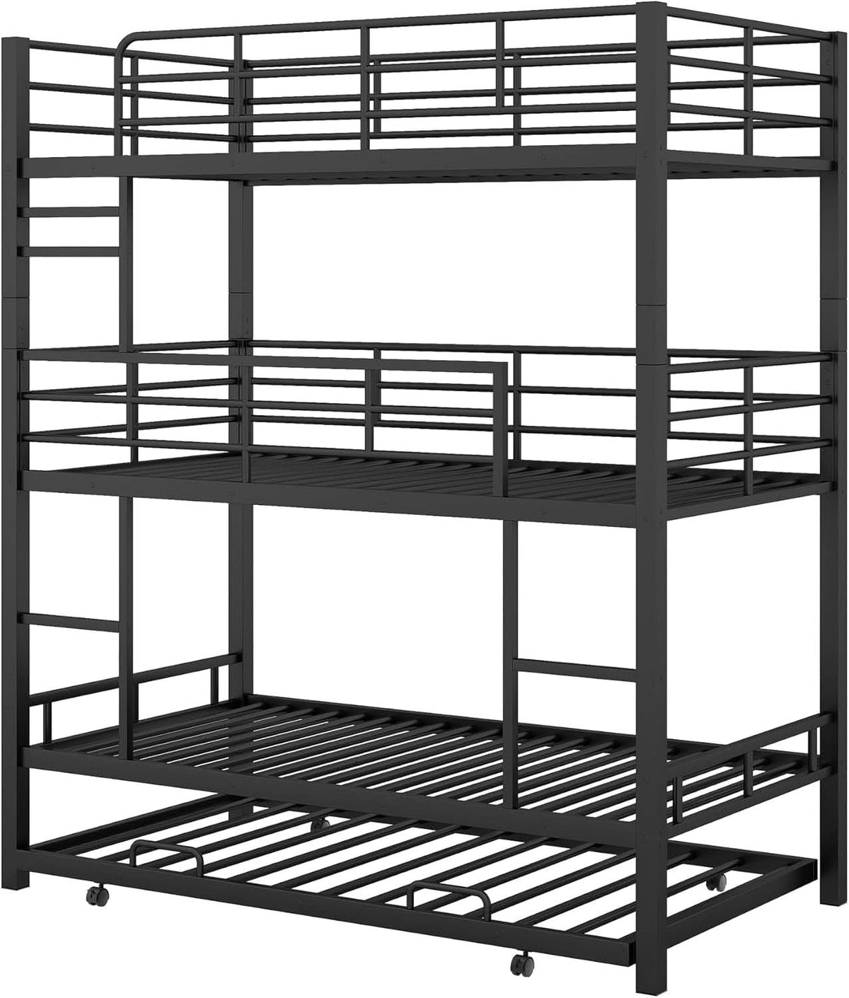 Metal Twin Size Triple Bunk Bed with Trundle, Black for Kids