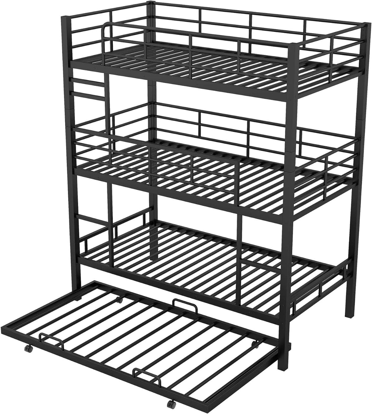 Metal Twin Size Triple Bunk Bed with Trundle, Black for Kids