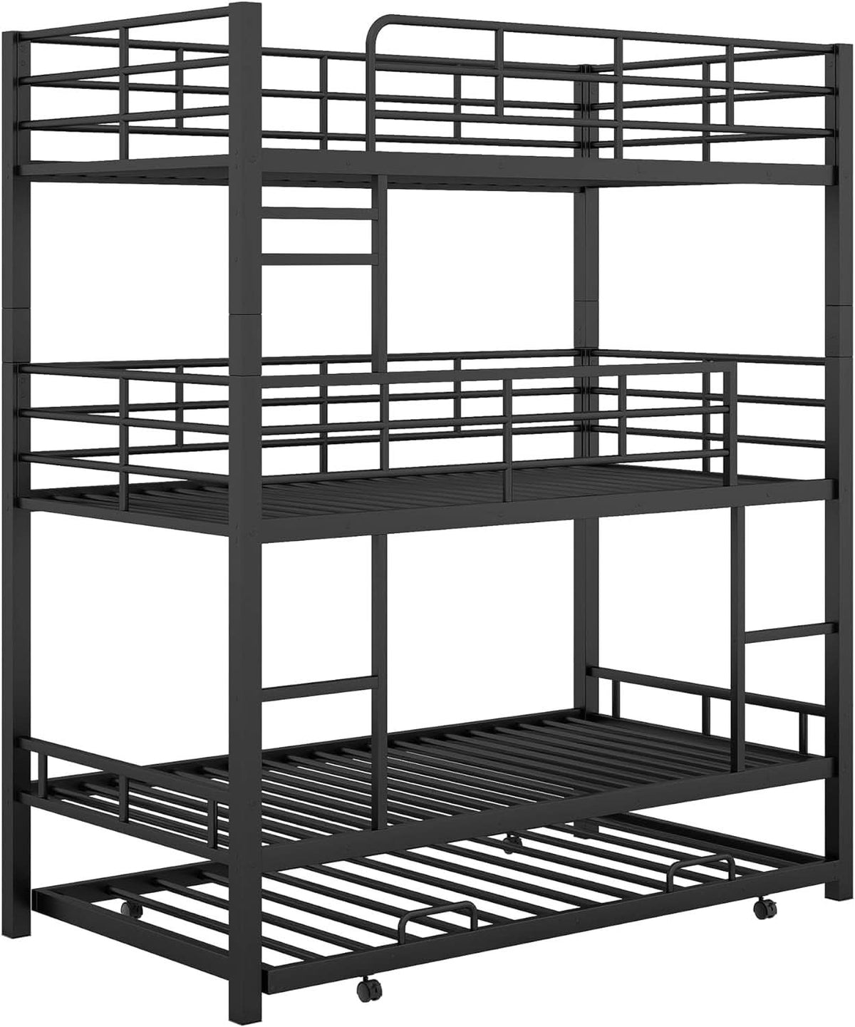 Metal Twin Size Triple Bunk Bed with Trundle, Black for Kids