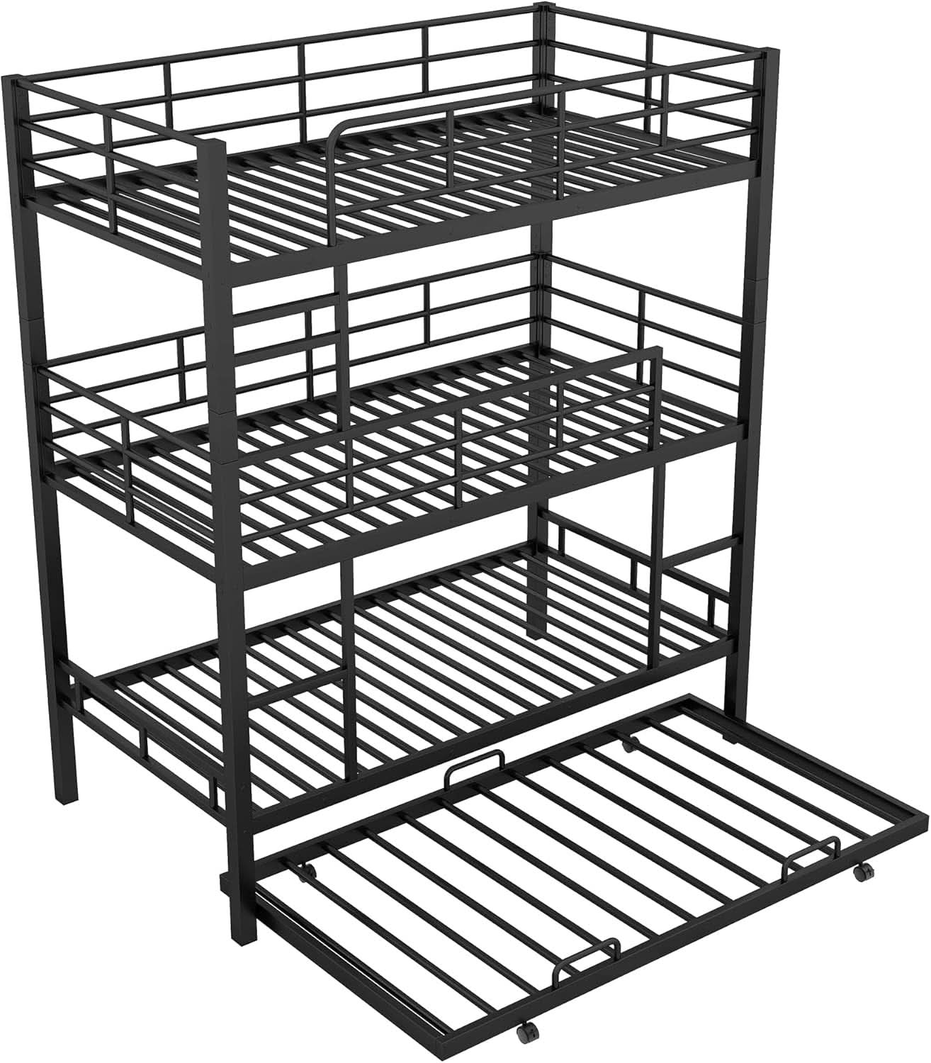 Metal Twin Size Triple Bunk Bed with Trundle, Black for Kids