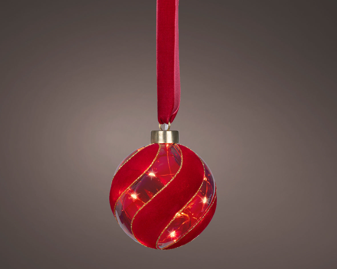 Micro LED Lighted Glass Ball Ornament - Red Velvet with Warm White Lights