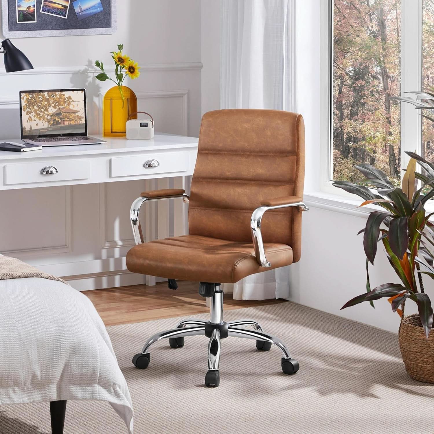 Mid Back Office Chair With Arms Brown Height Adjustable
