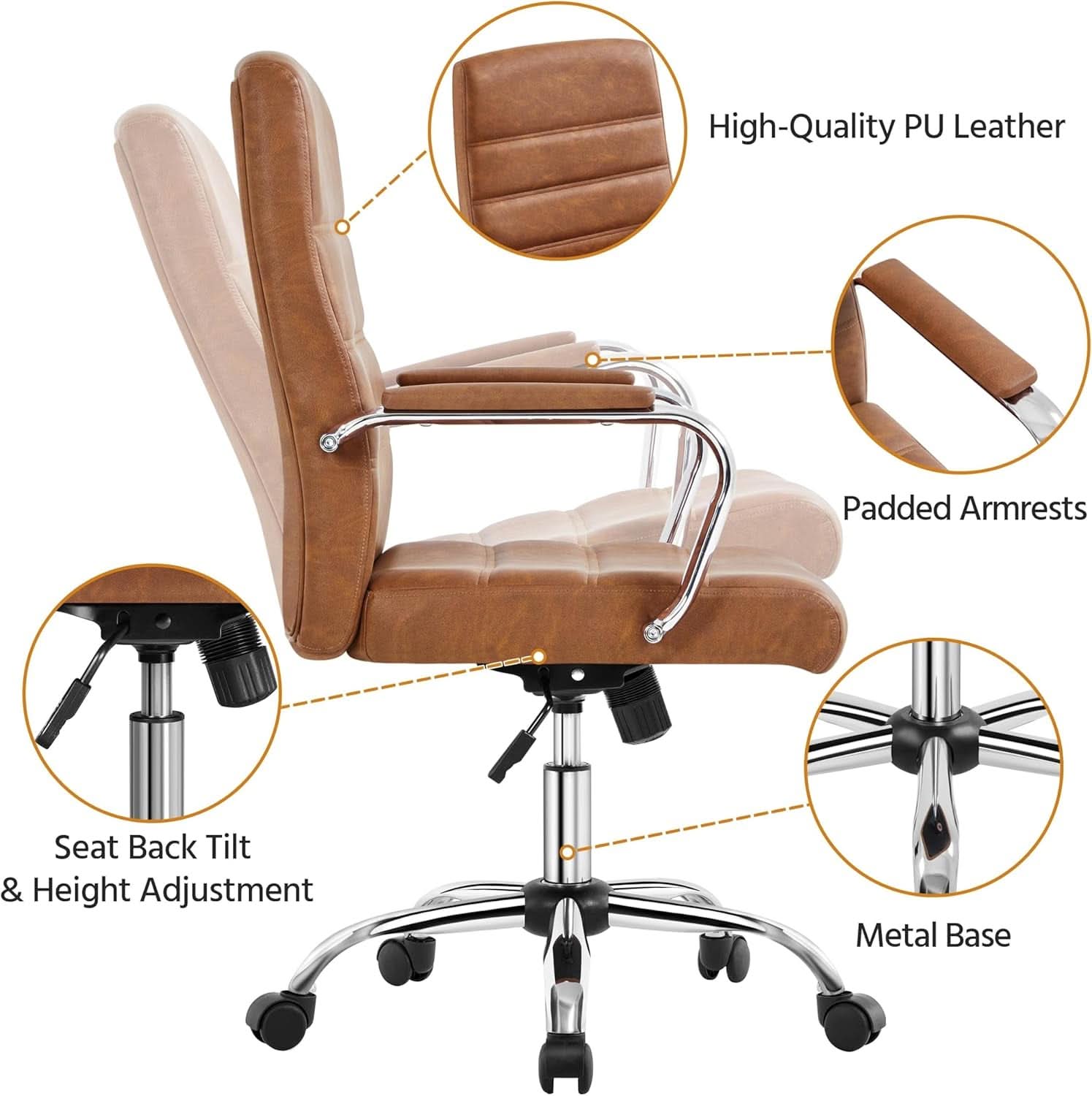 Mid Back Office Chair With Arms Brown Height Adjustable