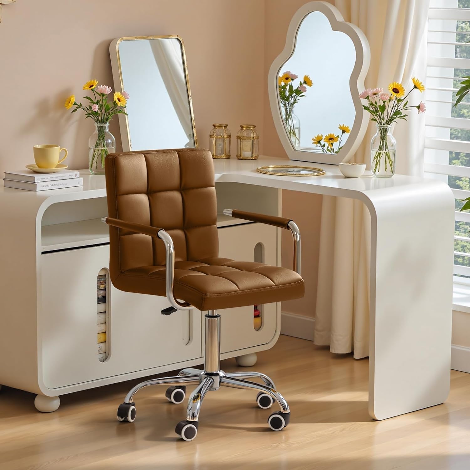 Mid Back Task Chair PU Leather Brown 360 Degree Swivel