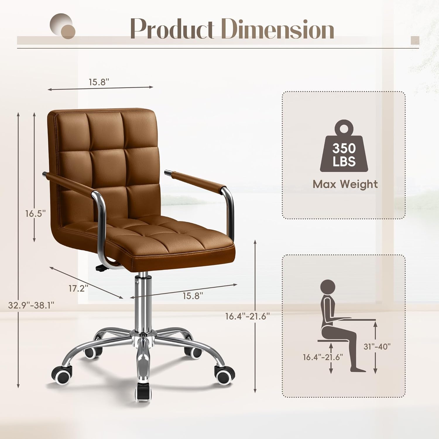 Mid Back Task Chair PU Leather Brown 360 Degree Swivel