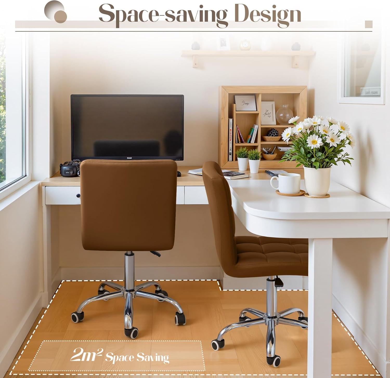 Mid Back Task Chair PU Leather Brown 360 Degree Swivel